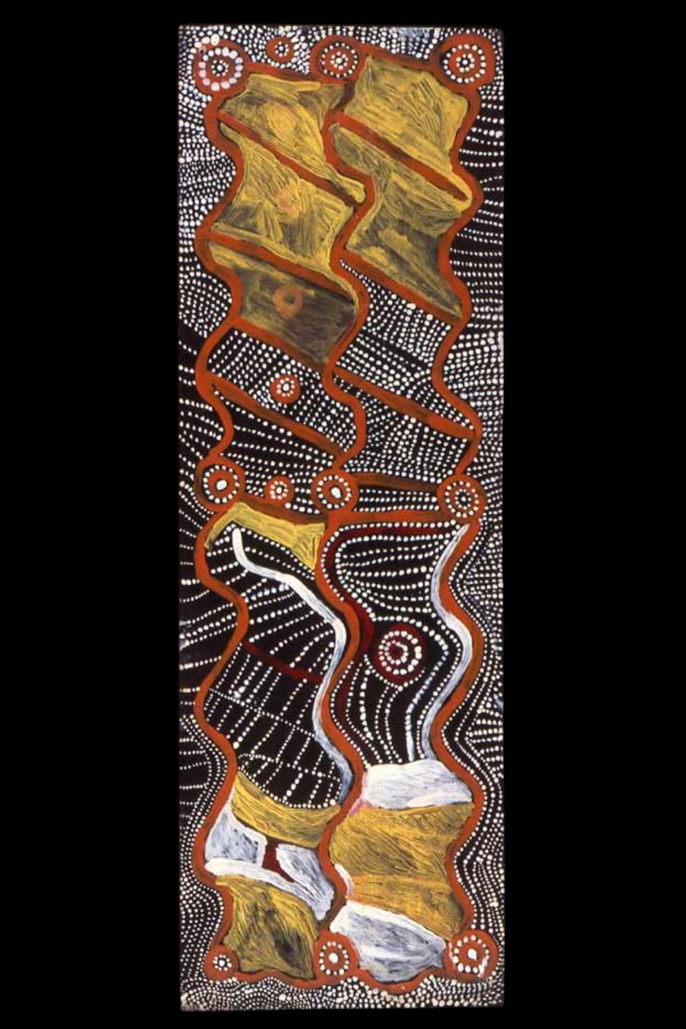 Rain Dreaming by Walter Tjampitjinpa painted on composition board at Papunya around 1971–72, depicting Water Dreaming associated with Kalipinypa in the Western Desert.