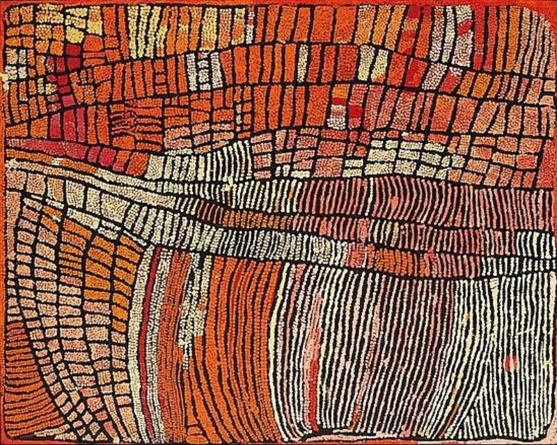 Naata Nungurrayi painting Marrapinti (2003), featuring sweeping striped sandhill forms intersected by intricate geometric pathways in ochre, terracotta, cream and black.