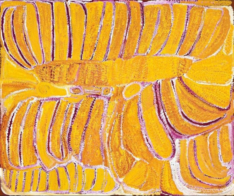 Nyartjuri by Eubena Nampitjin showing radiant yellow and golden sandhill forms, linked waterholes and mauve and white dotted contours in the Balgo painting style.
