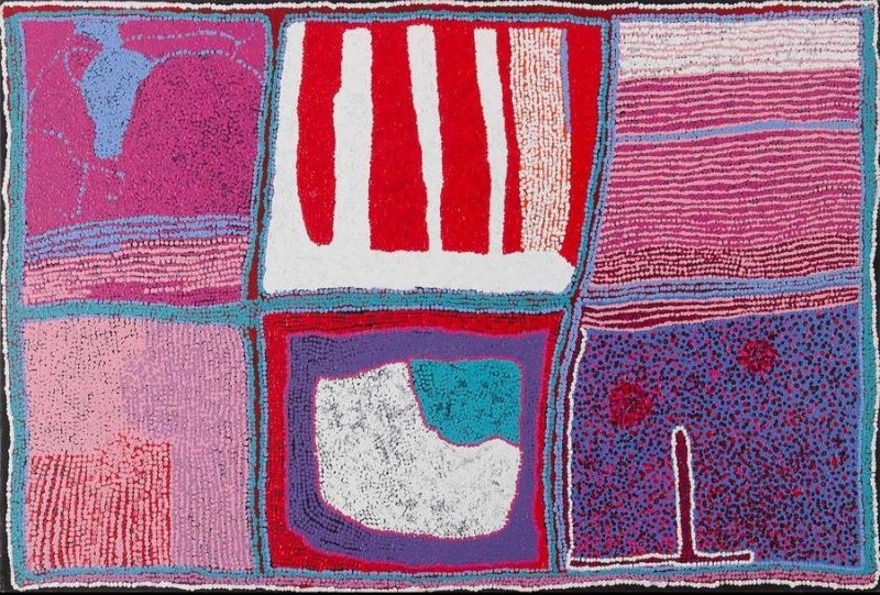 Ngura Tjuta (2005) by Tommy Watson, synthetic polymer paint on canvas featuring six interconnected panels of pink, crimson, violet, turquoise and white representing multiple places across ancestral Country.