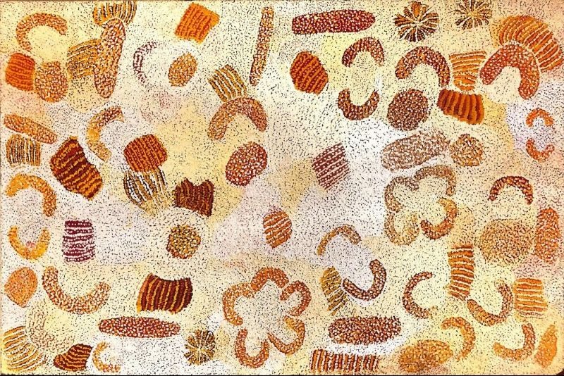 Parwalla (2003) by Elizabeth Nyumi, synthetic polymer paint on Belgian linen in white, cream, pale ochre, tan, orange, rust, burgundy, brown and mauve depicting the sandhills, spinifex and bush food Country of Parwalla in the Great Sandy Desert.