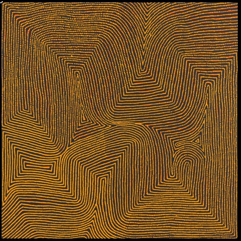 Marawa by Warlimpirrnga Tjapaltjarri, 2005. A square painting in glowing golden ochre, burnt orange and black. Thousands of bright ochre dots form broad parallel lines that sweep across the canvas in sharp angles, flowing curves and stepped pathways. The dark background intensifies the luminous orange pattern, creating a shimmering optical effect reminiscent of desert sand illuminated by late afternoon sunlight.