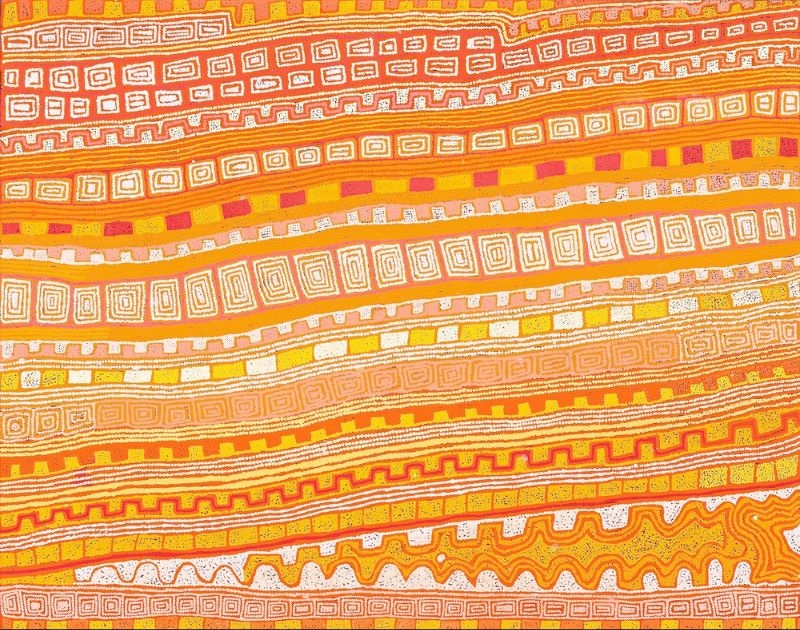 A wide horizontal Aboriginal painting in radiant shades of golden yellow, burnt orange, terracotta, cream, white, soft pink and vivid orange. The composition is built from broad horizontal bands that sweep gently across the canvas like parallel sand dunes seen from above. Each band contains its own repeating geometric pattern, including concentric rectangles, stepped motifs, rows of coloured blocks, flowing contour lines and undulating pathways. Thousands of tiny dots define every shape, creating a shimmering surface that changes subtly across the painting. The warm colours dominate, while alternating cream and white bands brighten the composition and create a calm, rhythmic impression of an expansive desert landscape shaped by ancestral journeys.