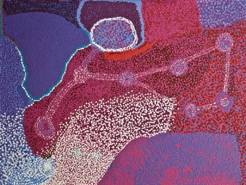 Untju Alkata (2006) by Tommy Watson, acrylic on canvas featuring luminous fields of violet, magenta, crimson and white with interconnected dotted forms representing Western Desert Country.