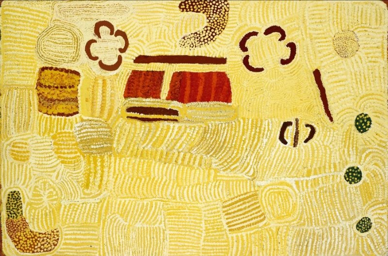 Parwalla (1999) by Elizabeth Nyumi, synthetic polymer paint on linen depicting the sandhill Country of Parwalla in the Great Sandy Desert through luminous cream and ochre tones.