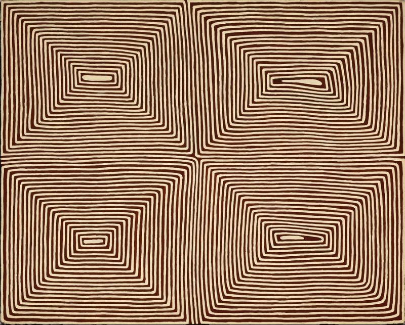 George Tjungurrayi Untitled (Wala Wala Rockhole) 1995 Papunya Tula painting with four cream rectangular rockholes formed by fine reddish-brown parallel lines on a white background
