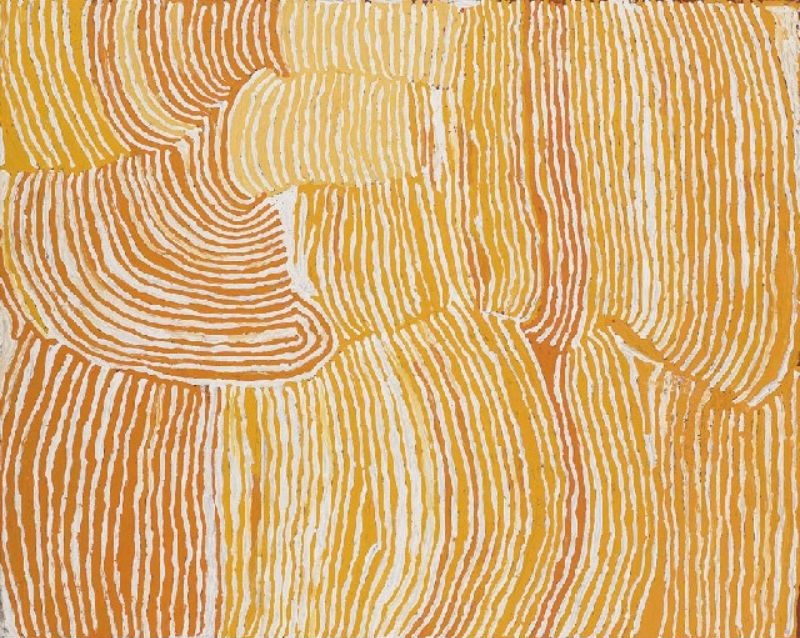 Untitled (Rockhole Site of Lupulnga) by Makinti Napanangka, 2002, synthetic polymer paint on linen, 153 × 122 cm.