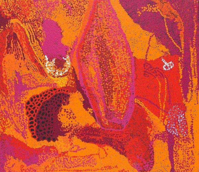 Untitled (2009) by Tommy Watson, synthetic polymer paint on linen featuring vibrant fields of orange, crimson, magenta and violet with layered abstract forms representing Western Desert Country.