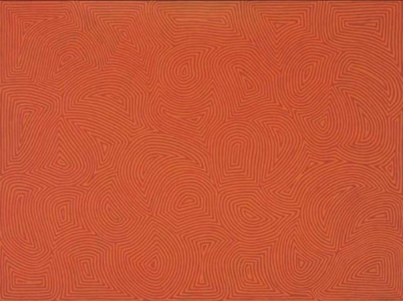 George Tjungurrayi Bush Potato Dreaming at Putulnga 2000 Papunya Tula painting with fine reddish-brown parallel lines forming geometric Tingari sites on a warm orange background