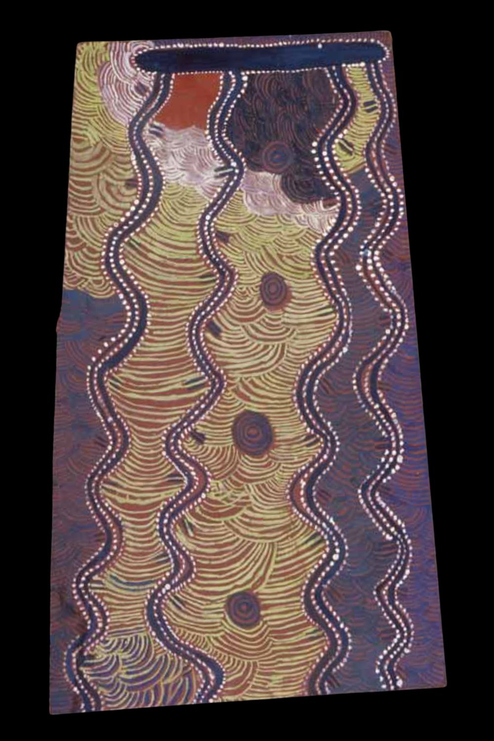 Early Papunya Board depicting Water and Rain Dreaming, attributed to Walter Tjampitjinpa with assistance from David Corby Tjapaltjarri, c. 1971–1972.
