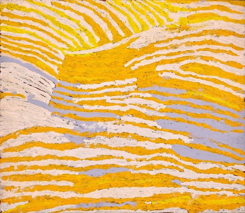 The Rockhole Site of Lupulnga by Makinti Napanangka, 2006, synthetic polymer paint on Belgian linen, 107 × 91 cm.