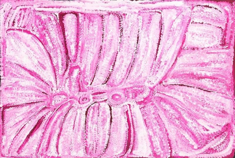 Nyilla by Eubena Nampitjin showing luminous pink and white sandhill forms surrounding linked waterholes in the Balgo painting style.
