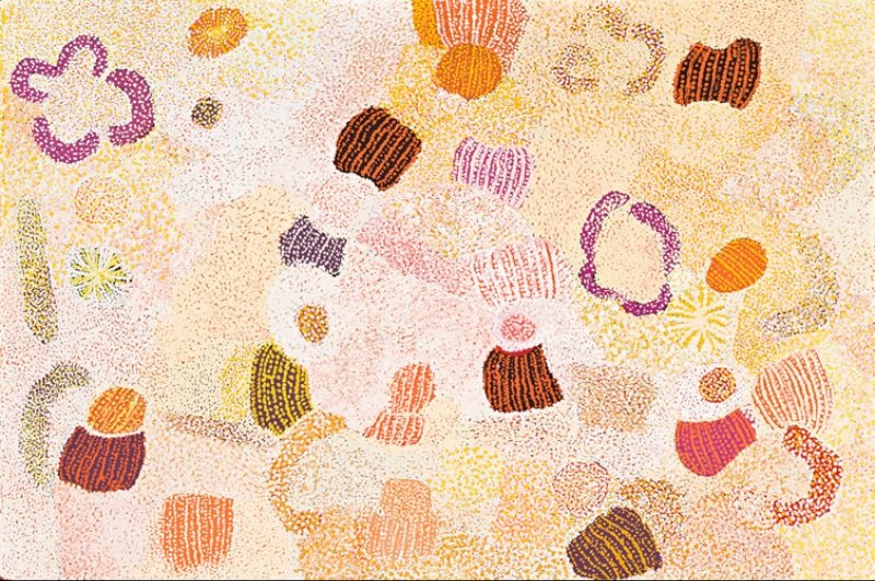 Parwalla (2002) by Elizabeth Nyumi, synthetic polymer paint on linen in white, cream, pale pink, mauve, lavender, ochre, orange, burgundy and brown depicting the sandhills, spinifex and bush food Country of Parwalla in the Great Sandy Desert.