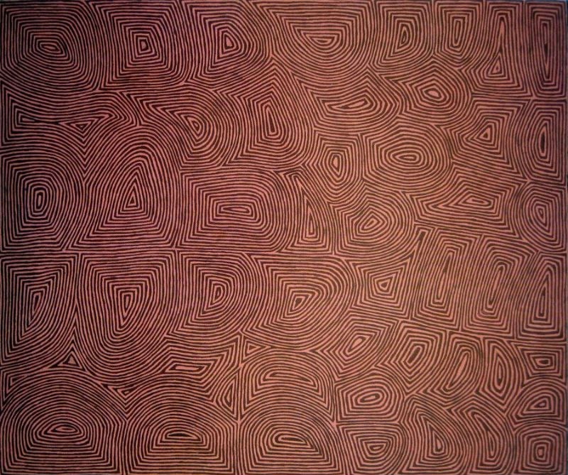 George Tjungurrayi Untitled 1998 Papunya Tula painting with interlocking reddish-brown geometric rockholes on a warm terracotta background