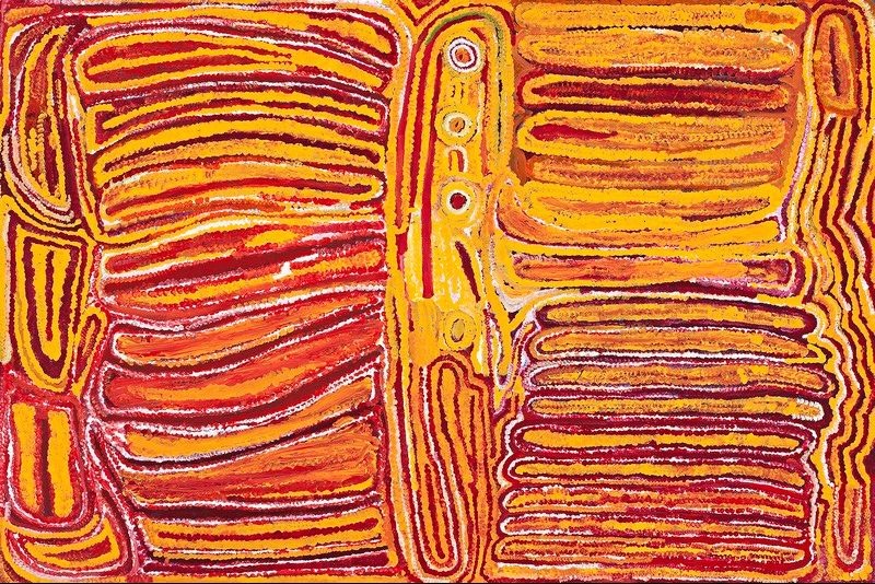 Canning Stock Route by Eubena Nampitjin, 1998 acrylic painting from Balgo, Western Australia