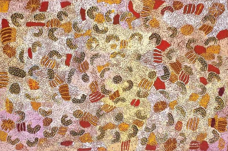 Parwalla (2005) by Elizabeth Nyumi, synthetic polymer paint on linen in white, cream, pale pink, lilac, ochre, yellow, orange, red, burgundy, olive green, brown and black depicting the sandhills, spinifex and bush food Country of Parwalla in the Great Sandy Desert.