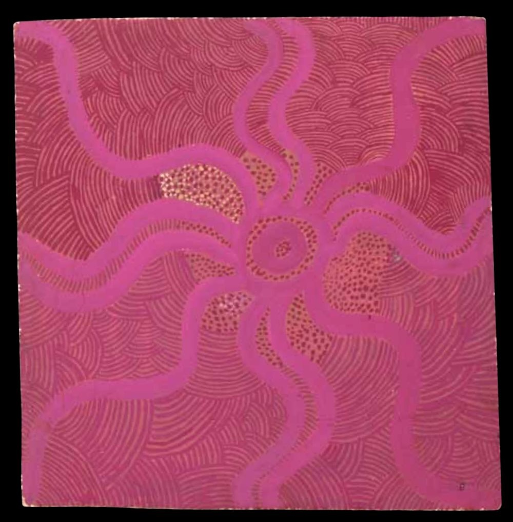 Original Papunya Board painted by David Corby Tjapaltjarri around 1971 depicting the Spider Dreaming, with spider holes and tracks forming part of the Water and Rain Dreaming cycle.
