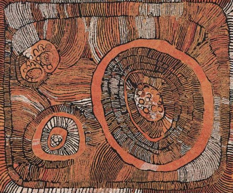 Naata Nungurrayi painting The Soakage Water Site of Unkunya (2005), depicting concentric sandhill formations surrounding sacred soakage water sites in rich ochre, terracotta, cream and black