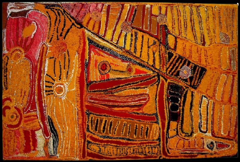 Ikara (1992) by Eubena Nampitjin depicting the Ikara landscape and the travels of the Wati Kutjarra (Two Men) ancestors through the Great Sandy Desert.