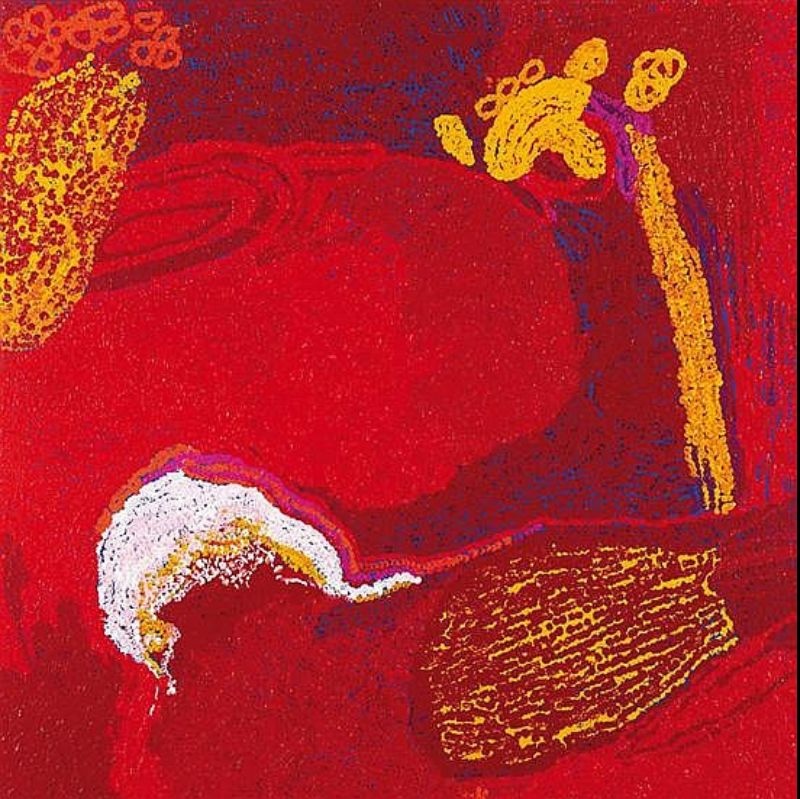 Pukara (2009) by Tommy Watson, synthetic polymer paint on linen featuring expansive crimson colour fields with bold white, ochre and yellow abstract forms representing Western Desert Country.