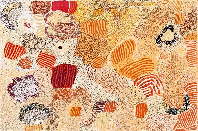 Parwalla (2001) by Elizabeth Nyumi, synthetic polymer paint on linen in cream, white, ochre, orange, red, pink, mauve, grey and black depicting the sandhills and bush food Country of Parwalla in the Great Sandy Desert.