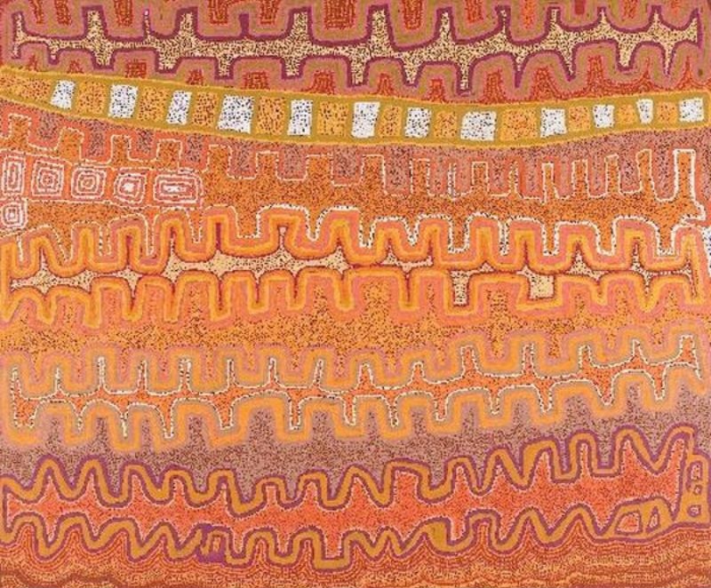 A large horizontal Aboriginal painting in glowing desert colours of burnt orange, terracotta, ochre, deep plum, cream, white and golden yellow. The composition is formed from broad horizontal bands that stretch across the entire canvas like layers of sandhills viewed from above. Each band is built from repeating wavy and stepped patterns created with thousands of tiny dots. Near the top, a striking golden yellow pathway crosses the painting from left to right, interrupted by evenly spaced white rectangular shapes that resemble markers along a ceremonial route. The surrounding bands vary in colour from soft orange to rich plum, producing a strong sense of depth and rhythm. The repeated undulating forms create the impression of parallel dune systems, while the continuous horizontal movement guides the eye calmly across the landscape.