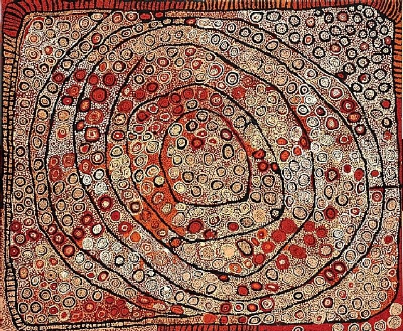 Marrapinti (2004) by Naata Nungurrayi, acrylic on linen featuring sweeping concentric forms, rhythmic dotting and a rich palette of red, cream and black inspired by the sacred women's site of Marrapinti.