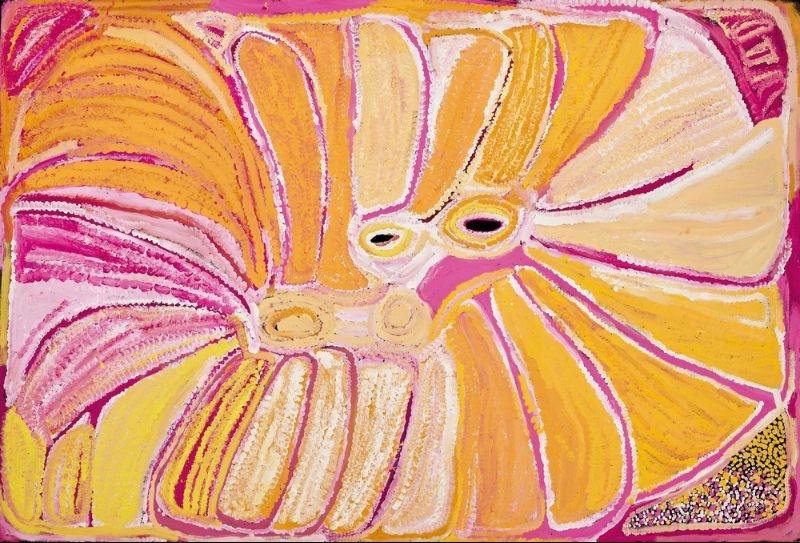 Kinyu by Eubena Nampitjin showing sweeping yellow, cream and pink sandhill forms, twin dark rockholes and white dotted contours in the Balgo painting style.