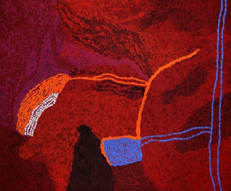 Iyarka (2013) by Tommy Watson, synthetic polymer paint on Belgian linen featuring deep crimson and violet colour fields intersected by brilliant orange and blue pathways representing the sacred Iyarka landscape.