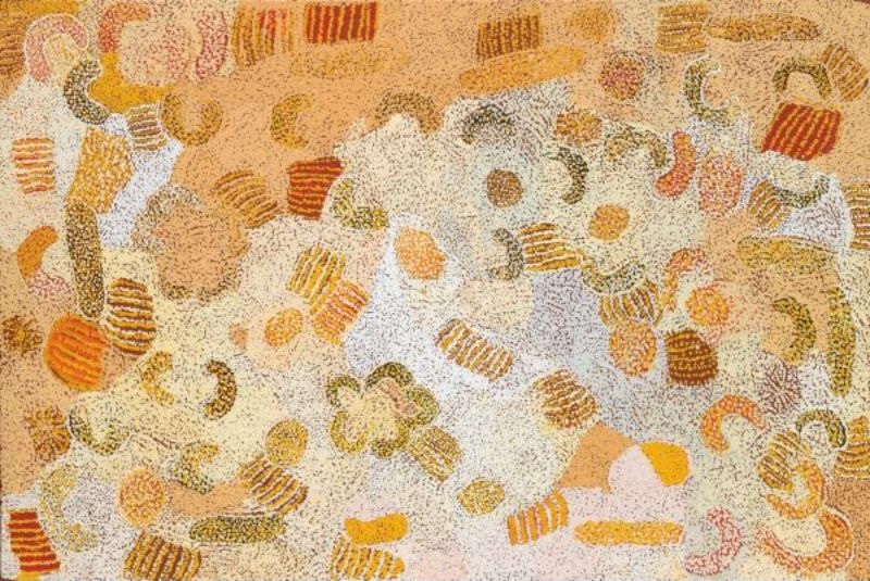 Parwalla (2003) by Elizabeth Nyumi, synthetic polymer paint on linen in white, cream, pale peach, ochre, gold, orange, rust, brown, olive green and grey depicting the sandhills, spinifex and bush food Country of Parwalla in the Great Sandy Desert.