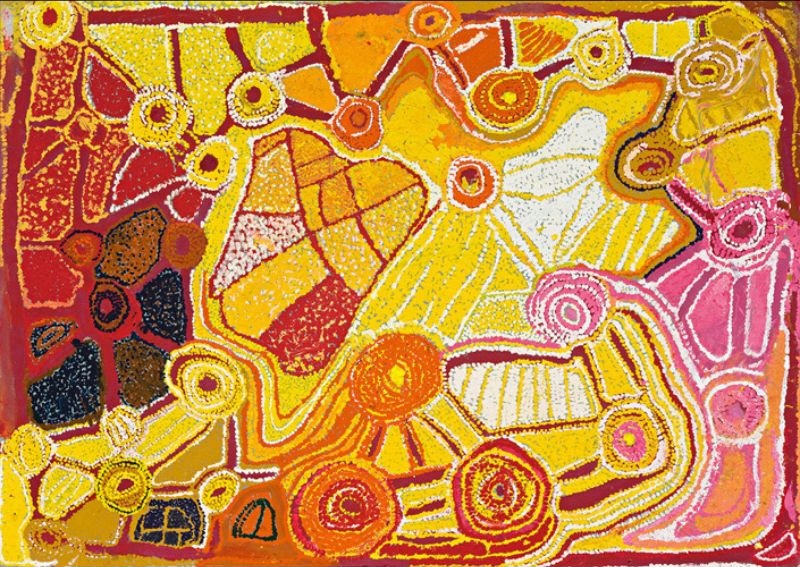 Tjintalpa, West of Yagga Yagga in the Great Sandy Desert (1993) by Eubena Nampitjin depicting ancestral Country, waterholes and sandhills in vibrant ochre, yellow and pink tones.