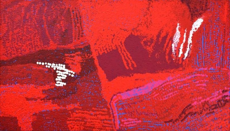 Yannima (2009) by Tommy Watson, acrylic on linen featuring a luminous field of crimson and scarlet with a single white dotted form in an abstract depiction of Western Desert Country.