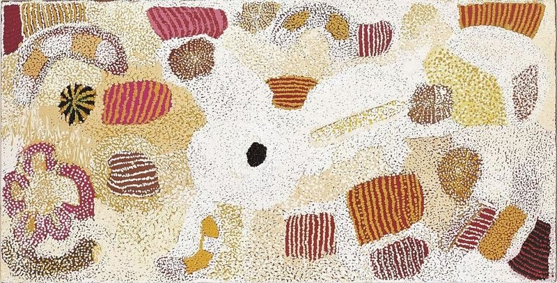 Parwalla (2001) by Elizabeth Nyumi, synthetic polymer paint on linen in cream, white, pale ochre, gold, burgundy, red, mauve, pink and brown depicting the sandhills and bush food Country of Parwalla in the Great Sandy Desert.