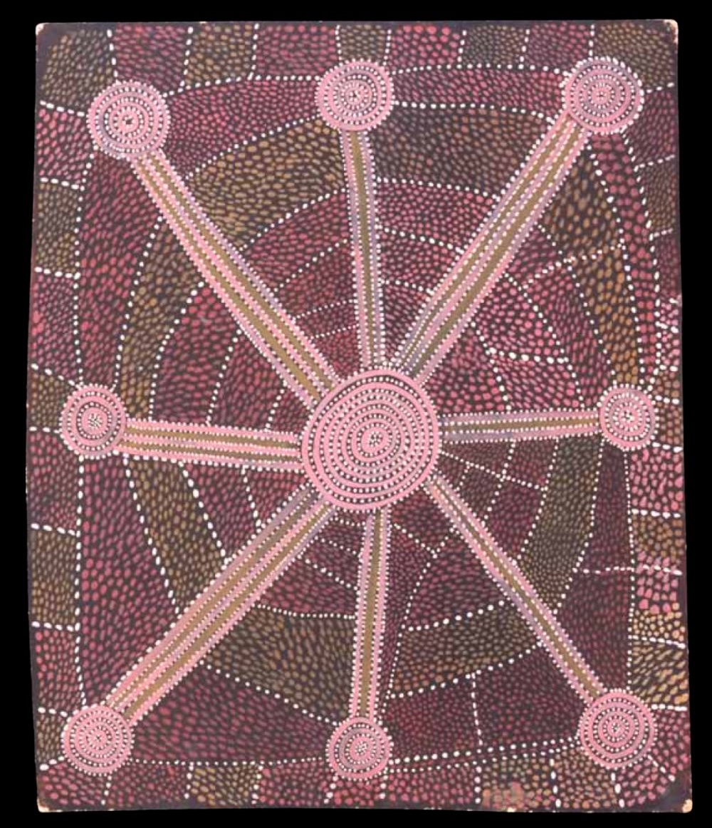Early Papunya Board attributed to John Tjakamarra, painted on composition board during 1971–72 at Papunya in the formative years of the Western Desert Art movement.