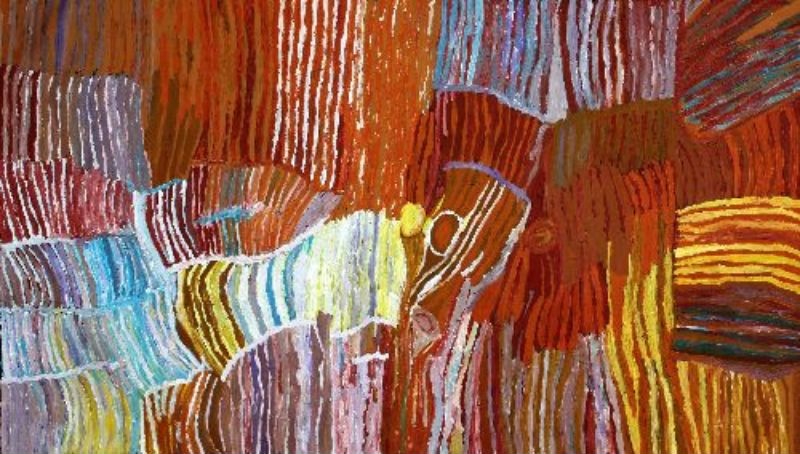 Kungka Kutjarra (Two Women), Hair String by Makinti Napanangka, 2003, synthetic polymer paint on Belgian linen, 122 × 211 cm.