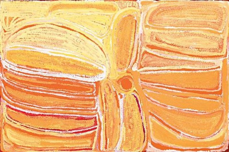 Papulpa by Eubena Nampitjin, 2001 acrylic painting depicting a waterhole in the Gibson Desert, Western Australia.