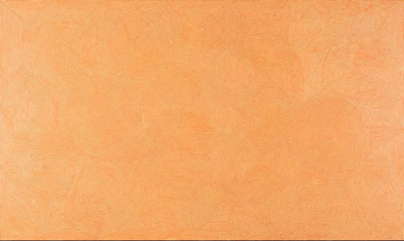George Tjungurrayi Untitled 2006 painting with thousands of fine pale cream parallel lines forming concentric Tingari sites on a soft peach background