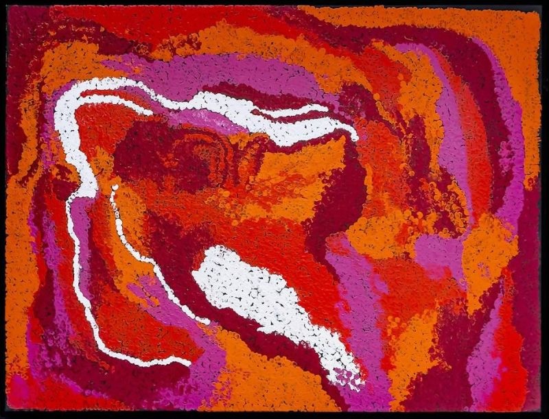 Untitled (2014) by Tommy Watson, synthetic polymer paint on Belgian linen featuring swirling crimson, orange, magenta and white abstract forms representing Western Desert Country.