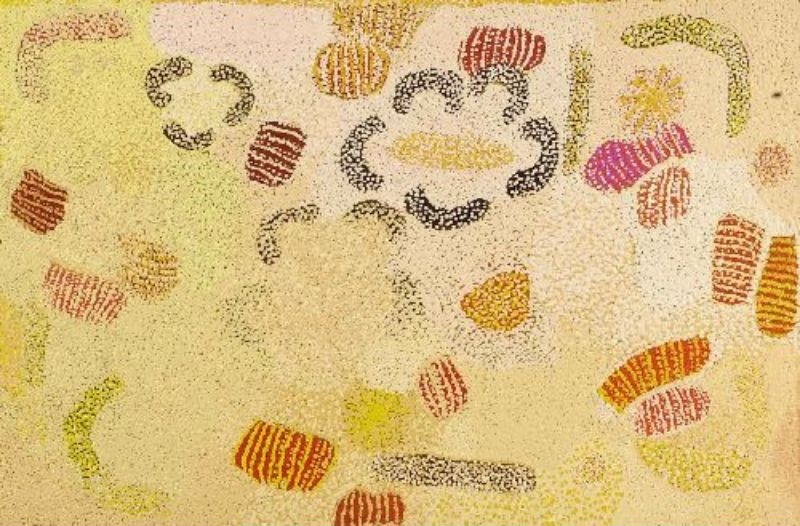 Parwalla (2002) by Elizabeth Nyumi, synthetic polymer paint on linen in white, cream, pale yellow, ochre, orange, red, pink, mauve, olive green and grey depicting the sandhills, spinifex and bush food Country of Parwalla in the Great Sandy Desert