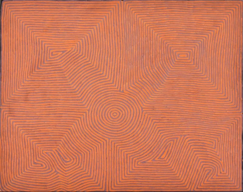George Tjungurrayi Mamulttjulkulnga Claypan 2003 Papunya Tula painting with four orange geometric Tingari sites connected to a central concentric circle by fine purple-brown parallel lines