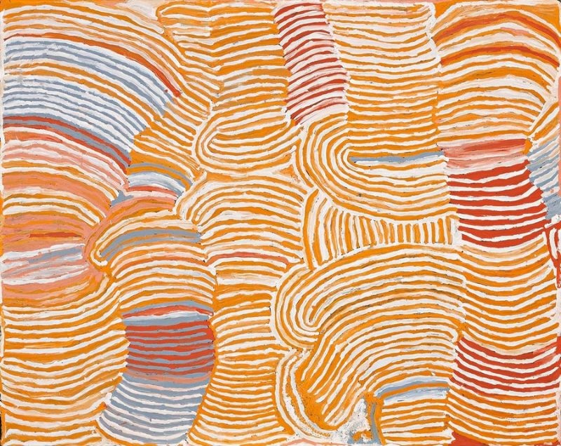 Rockhole Site of Lupulnga by Makinti Napanangka, 2001, synthetic polymer paint on linen, 122 × 153 cm.