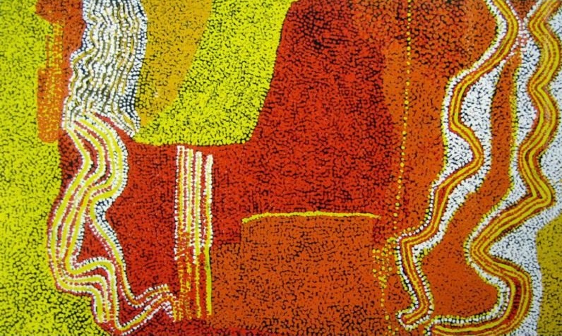 Untitled (2005) by Tommy Watson, synthetic polymer paint on canvas with vivid yellow, ochre, white and burnt orange colour fields intersected by flowing dotted pathways.