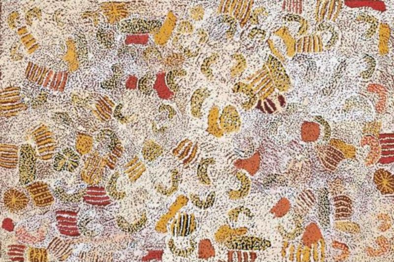 Parwalla (2004) by Elizabeth Nyumi, synthetic polymer paint on linen in white, cream, pale ochre, yellow, gold, orange, rust, red, burgundy, olive green and brown depicting the sandhills, spinifex and bush food Country of Parwalla in the Great Sandy Desert.