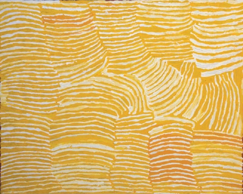 Lupulnga Rocksite by Makinti Napanangka, 2004, synthetic polymer paint on Belgian linen, 122 × 153 cm.