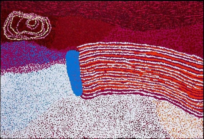 Untitled (2015) by Tommy Watson, acrylic on canvas with sweeping white and ochre dotted bands across crimson and burgundy fields, accented by vivid blue and purple forms representing ancestral Country.