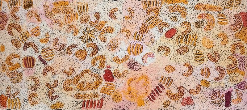 Parwalla (2004) by Elizabeth Nyumi, synthetic polymer paint on linen in white, cream, pale pink, pale ochre, yellow, gold, orange, rust, burgundy, brown and grey depicting the sandhills, spinifex and bush food Country of Parwalla in the Great Sandy Desert.