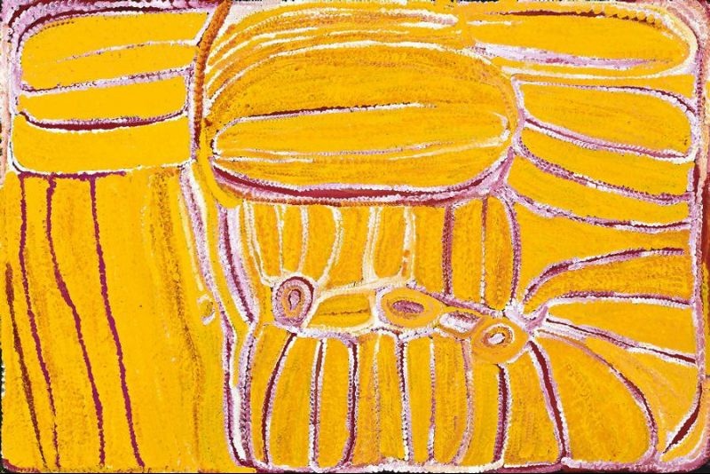 Untitled by Eubena Nampitjin showing brilliant yellow sandhill forms, three linked soakwaters with mauve and white dotted contours in the Balgo painting style.