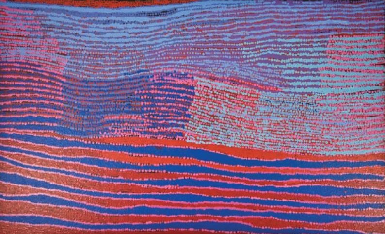 Kapi Piti (2006) by Tommy Watson, synthetic polymer paint on canvas featuring shimmering horizontal bands of crimson, violet, blue and pink dots representing water and Country.