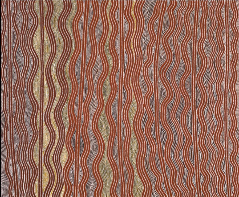 Tingari Cycle at Wilkinkarra (Lake Mackay) by Warlimpirrnga Tjapaltjarri, 1999. A wide horizontal painting composed of vertical ribbons of flowing dotted lines in rich red ochre, white, charcoal black and soft yellow. Each band gently twists and narrows to form elongated diamond and oval shapes, creating a shimmering curtain-like effect across the entire canvas. The repeating linear patterns evoke rippling sand dunes, ceremonial pathways and the changing light of the Western Desert.