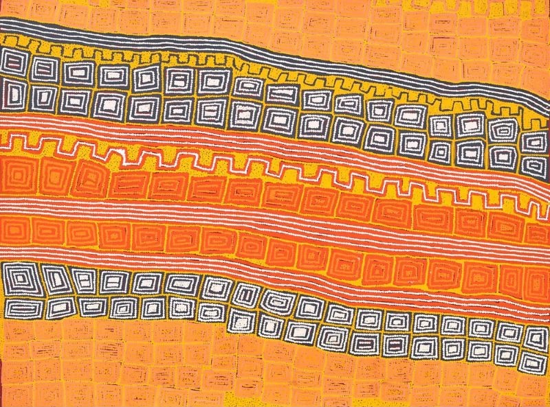 A horizontal Aboriginal painting in warm desert colours of burnt orange, vivid orange, golden yellow, peach, cream, white and charcoal black. Broad diagonal bands sweep across the canvas from the upper left to the lower right, creating the impression of layered sand ridges seen from above. Two striking charcoal-black bands filled with concentric rectangular motifs frame a brilliant central orange band decorated with rows of nested rectangles and fine white dotted lines. Above and below these bands, the peach-coloured background is covered with faint geometric rectangular patterns that shimmer subtly beneath the surface. Thousands of tiny dots define every line and colour transition, giving the painting a rich optical texture and a strong sense of rhythm and movement across the landscape.